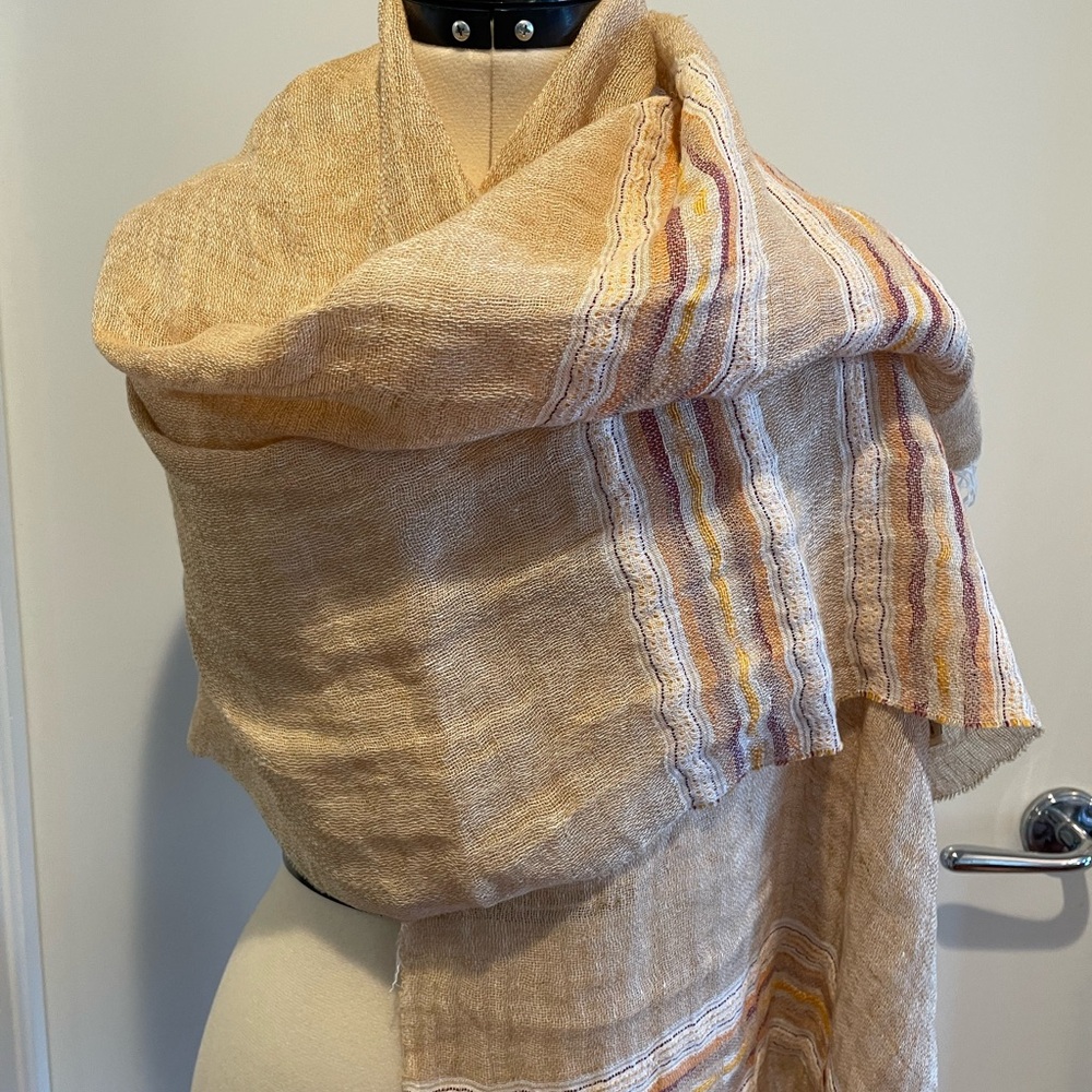 Beige and Multicolor Linen Striped Scarf